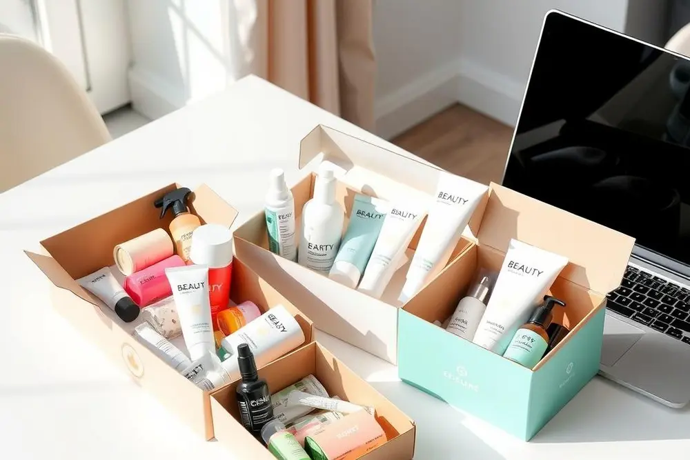 Produtos de beleza organizados para entrega via assinatura mensal