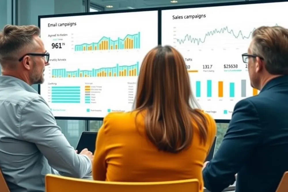 Equipe de vendas analisando automação de email para leads