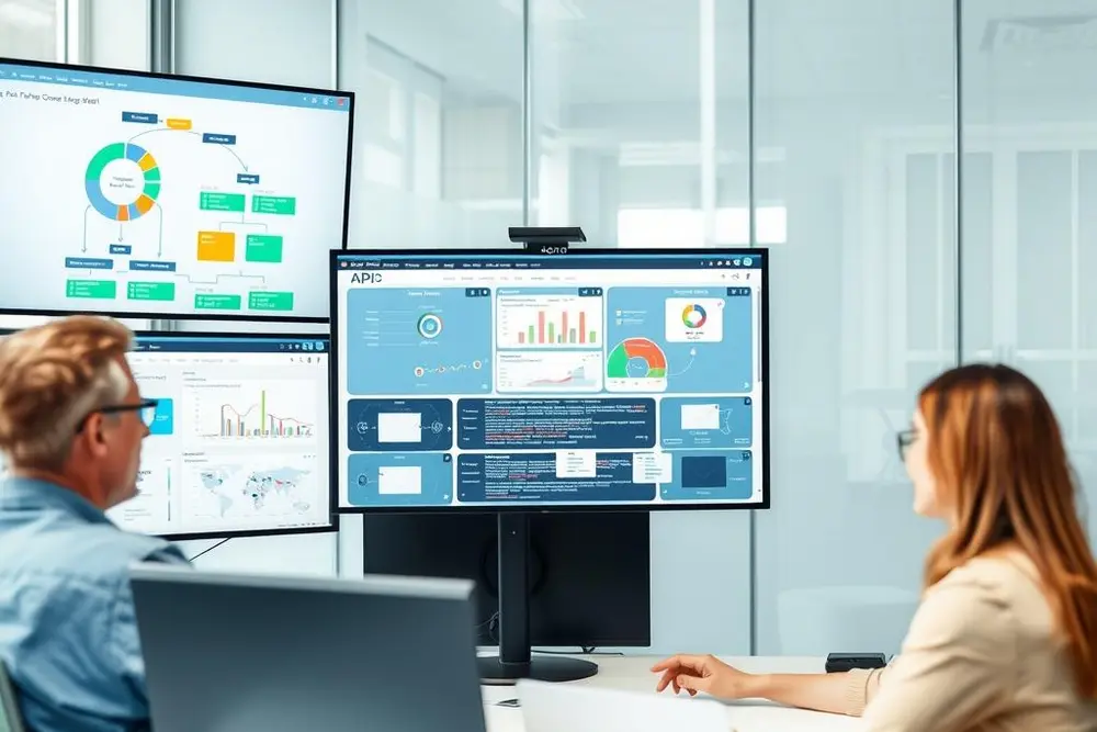 Equipe usando integração API para otimização de processos e automação de tarefas na empresa