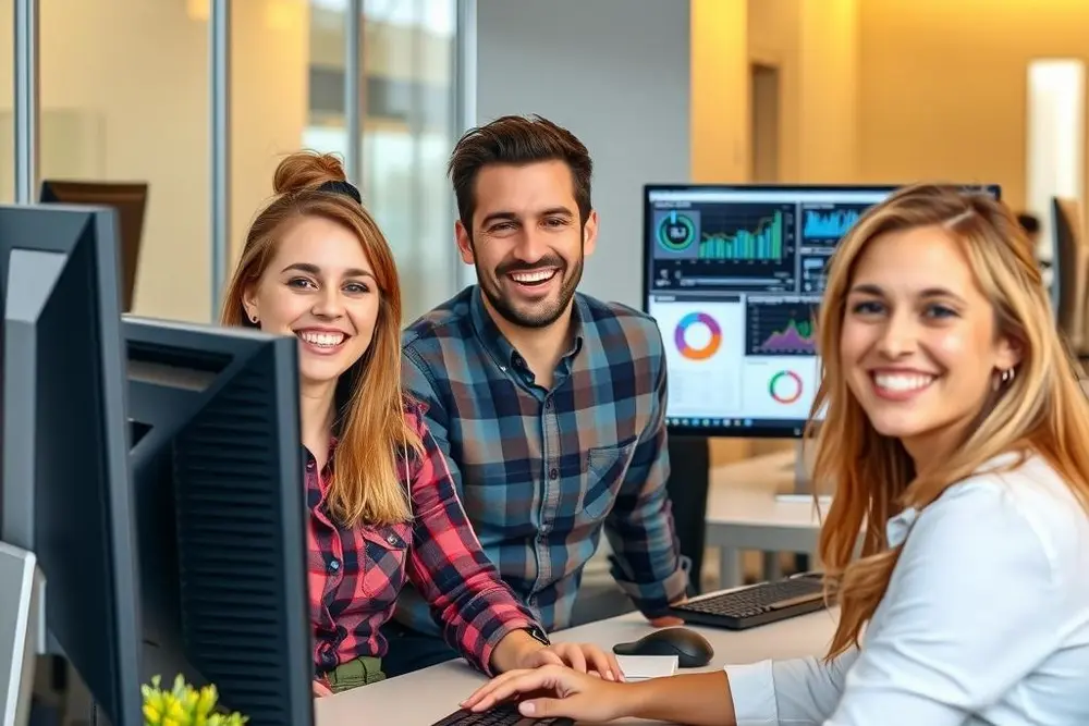 Equipe de escritório usando sistema personalizado para otimizar tarefas diárias