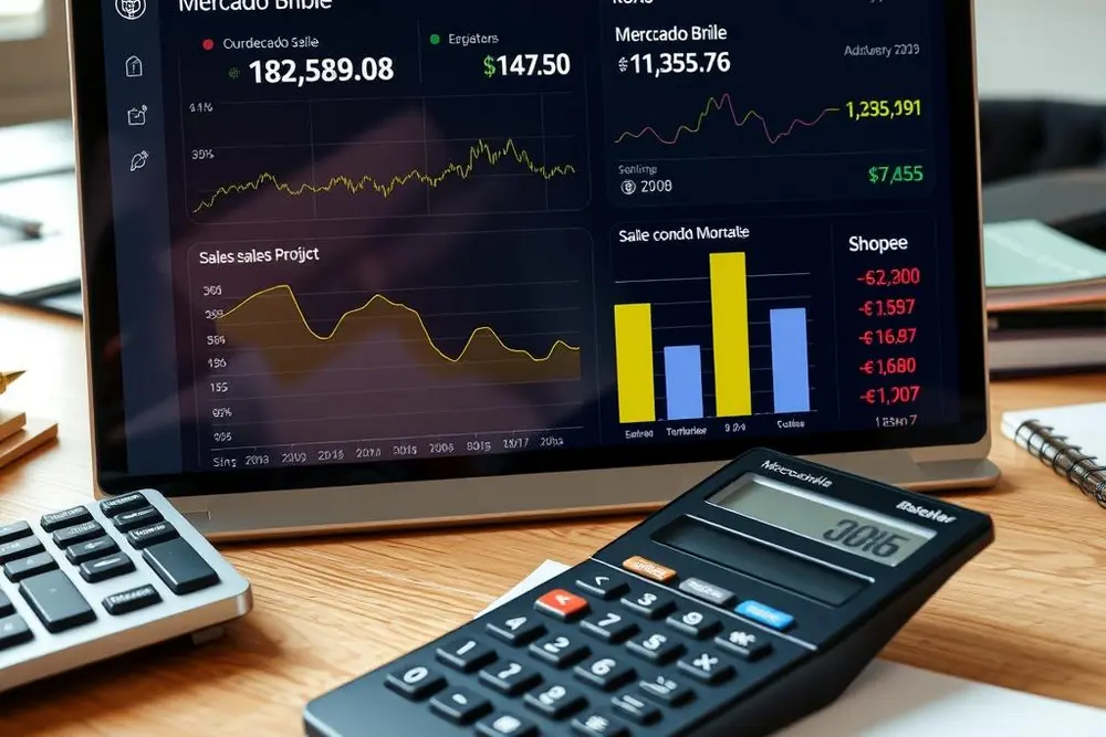 Dashboard digital mostrando cálculos de ROAS em Mercado Livre e Shopee com dados de vendas