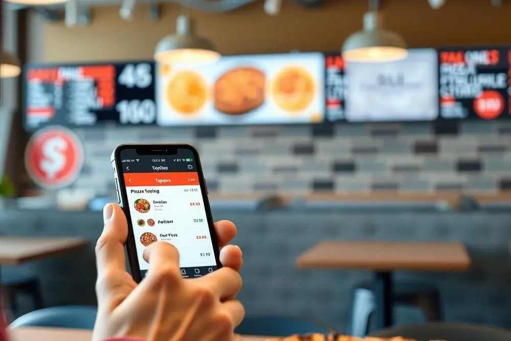 Cliente usando cardápio digital interativo e online para organizar pedido em delivery