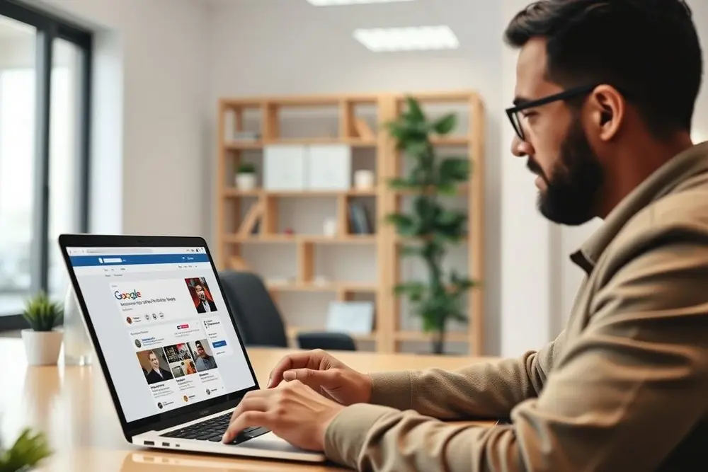 Profissional atualizando perfil com palavras-chave no Google Meu Negócio e LinkedIn