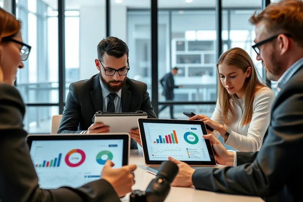 Equipe de marketing usando ferramentas digitais para fazer pesquisas de mercado