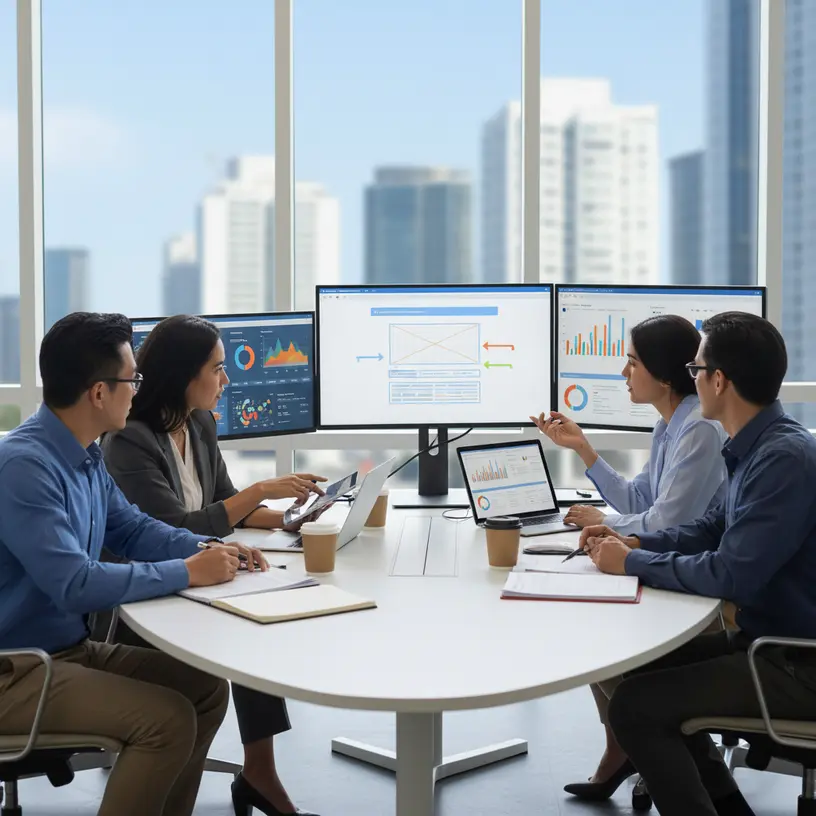 Equipe de marketing digital trabalhando em melhorias de performance e estratégias online