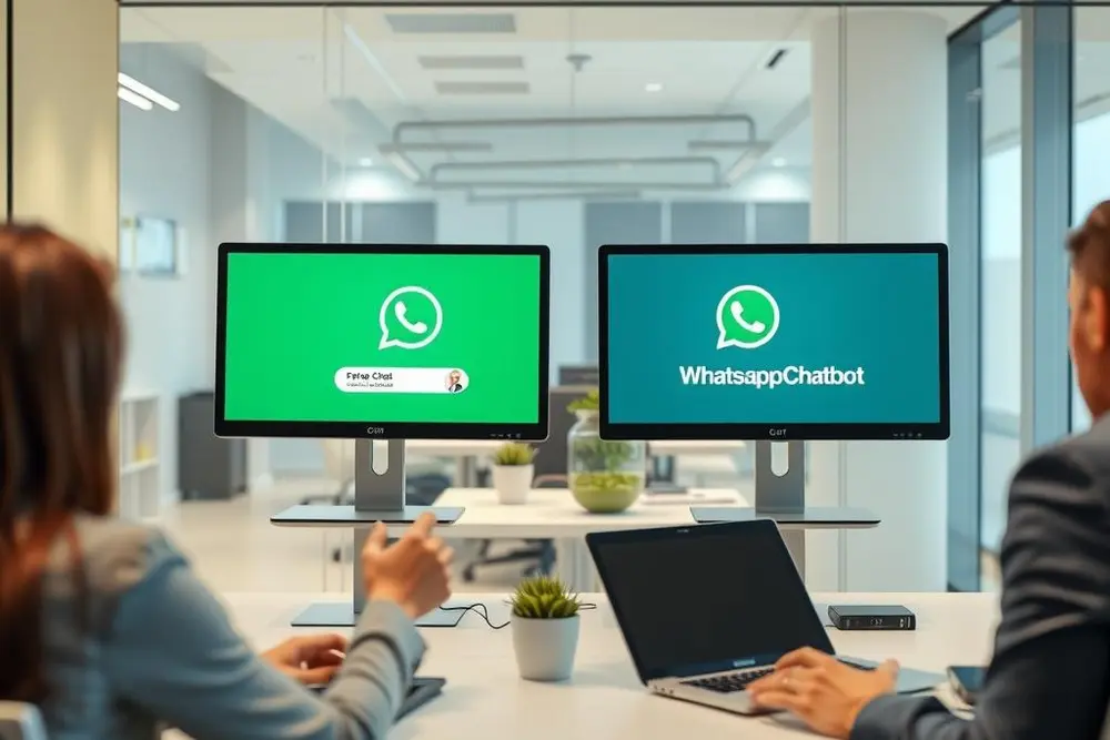 Empresários comparando chatbot whatsapp gratuito versus pago em reunião