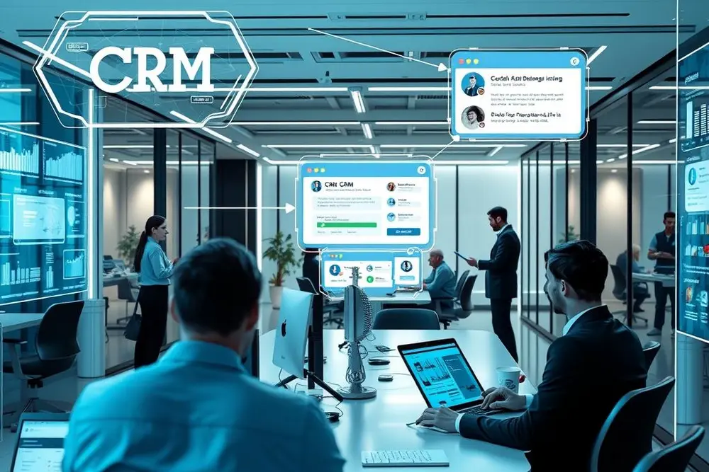 Ilustração de integração conectando CRM, site e WhatsApp para empresa