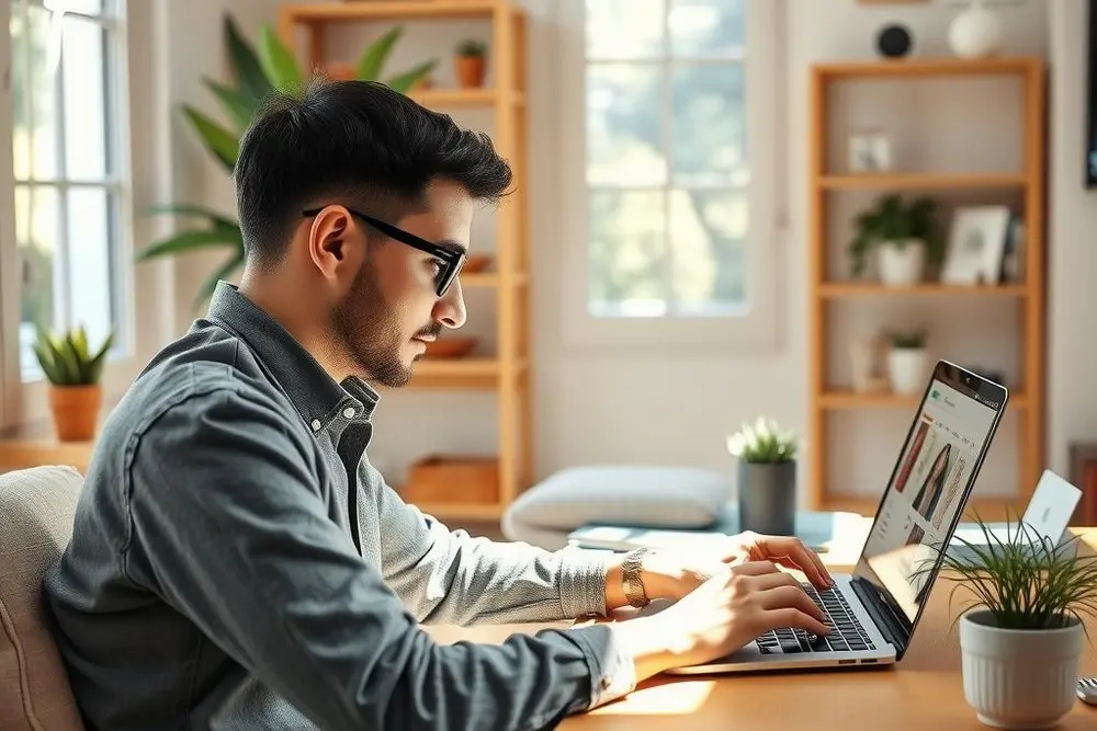 Empreendedor configurando uma loja virtual para vendas online contínuas