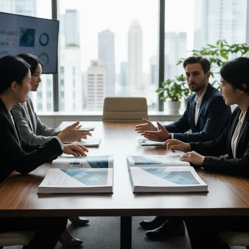 Executivos comparando propostas de agência de marketing para grandes empresas