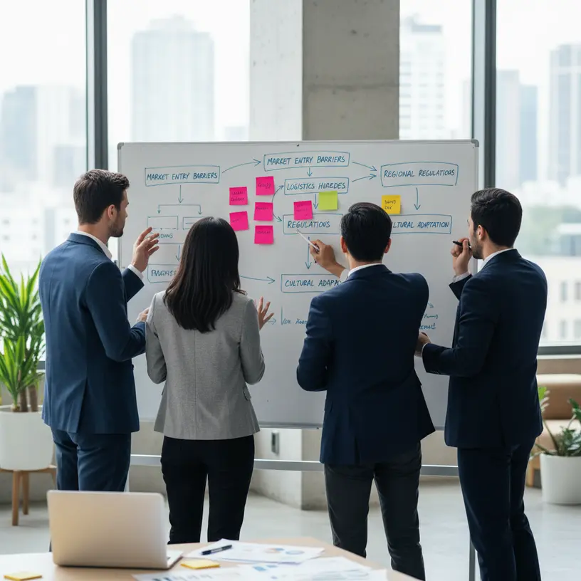 Equipe discutindo desafios da expansão regional com quadro de anotações