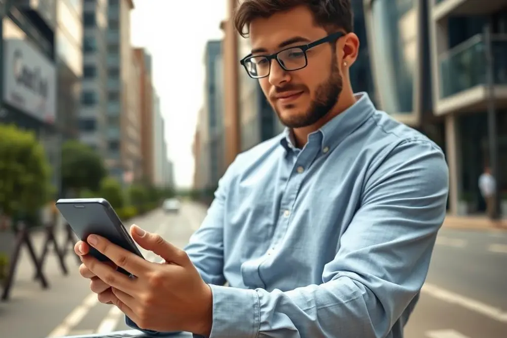 Freelancer divulgando portfólio online de arquitetura nas redes sociais usando smartphone