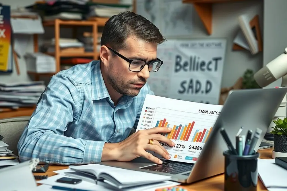 Profissional revisando relatórios de automação de email com erros comuns