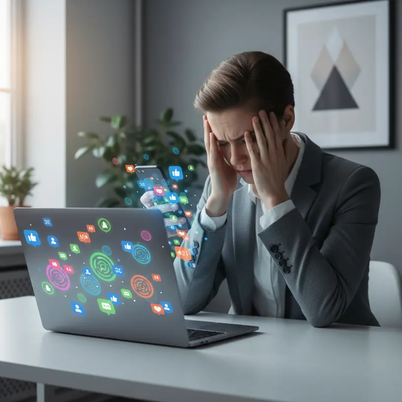 Profissional frustrado com excesso de notificações e ausência de resultados nas redes sociais