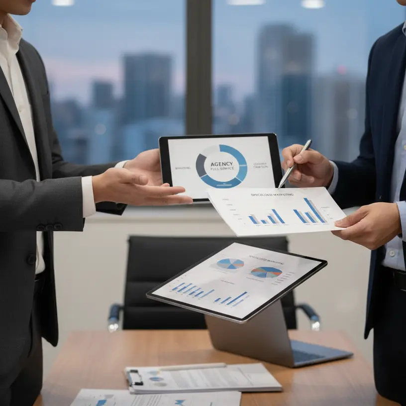 Profissionais comparando opções de agência de marketing full service e especializada