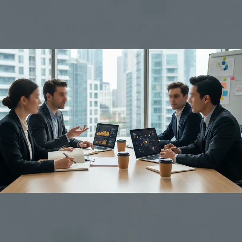 Equipe empresarial avaliando propostas de agência de marketing para contratar