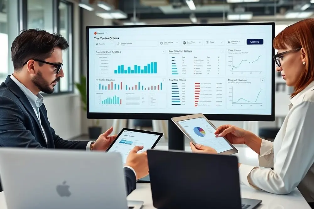 Equipe avaliando softwares para integrar vendas, estoque e financeiro
