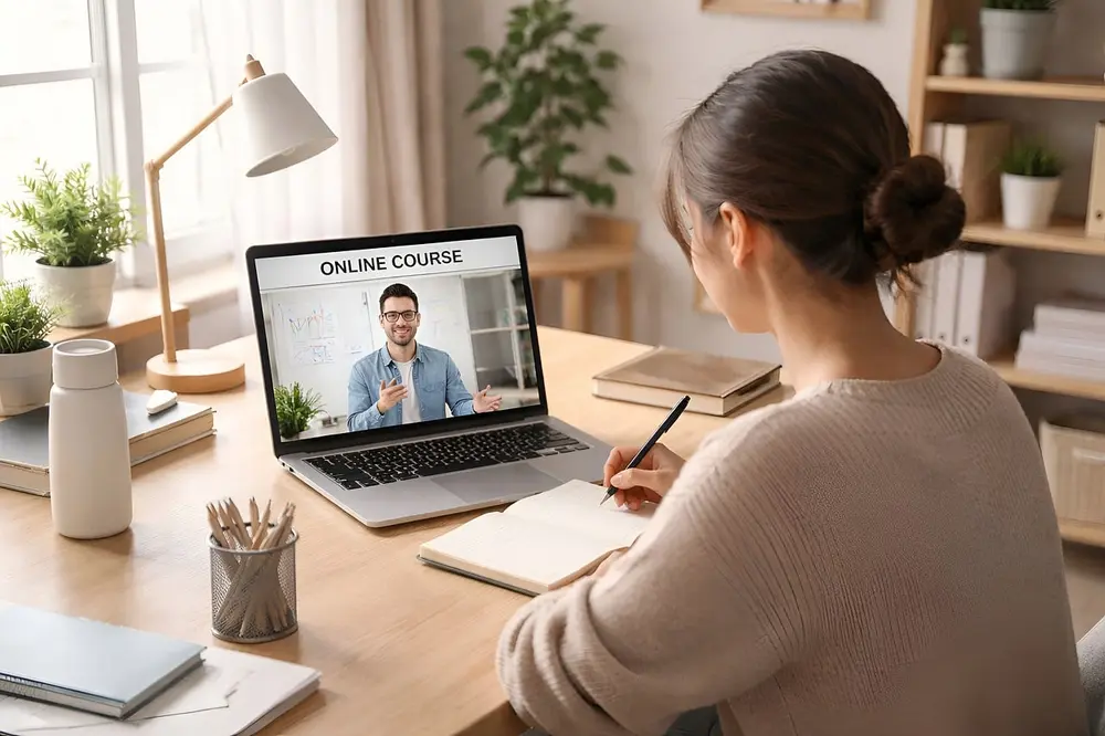profissional de negócios estudando curso online sobre IA e segurança de dados em escritório em casa