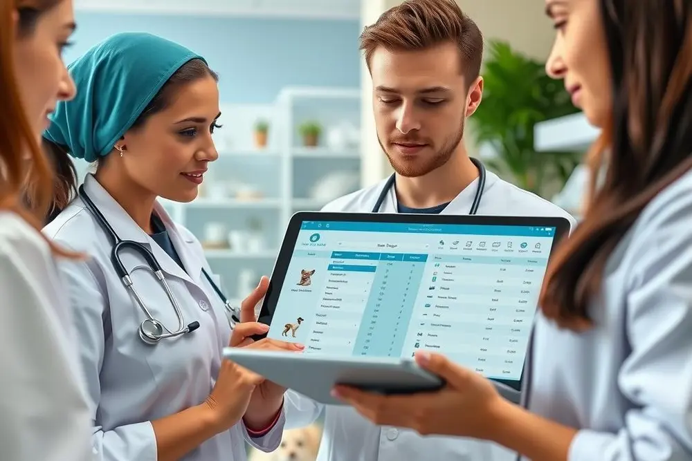 Equipe de clínica veterinária recebendo treinamento em sistema digital integrado para agendamento e pet shop