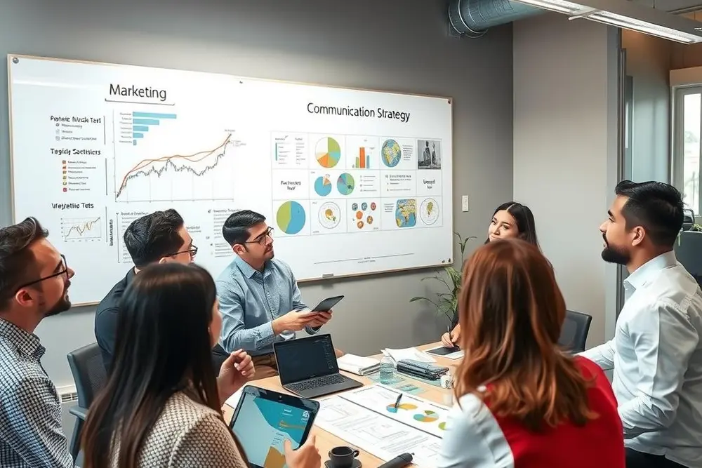 Profissionais de marketing em planejamento de comunicação para decisores B2B