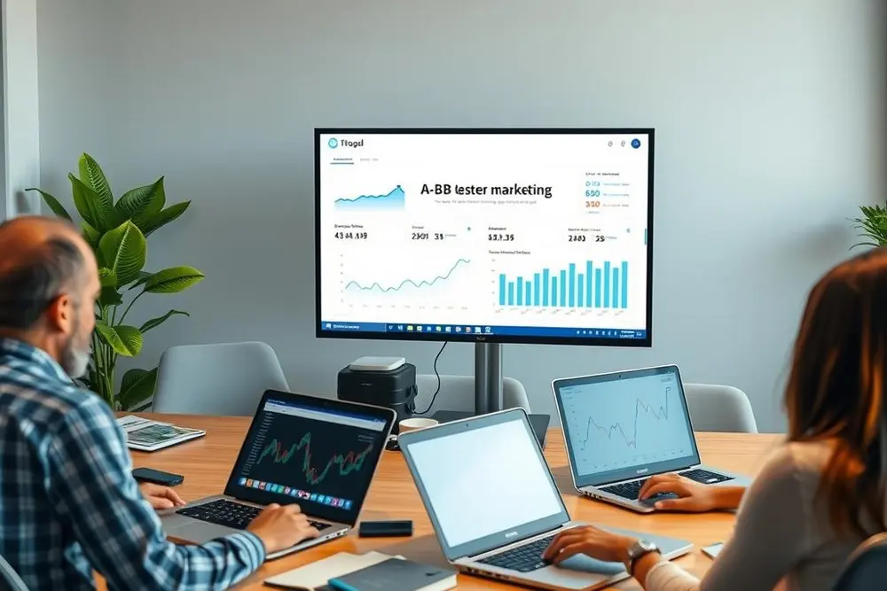 Equipe de marketing fazendo testes A/B para otimização do ROAS em campanhas digitais