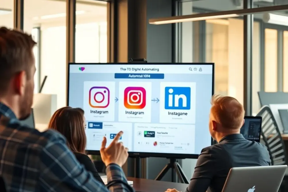 Profissionais analizando ferramenta de automação para instagram e linkedin em ambiente de trabalho
