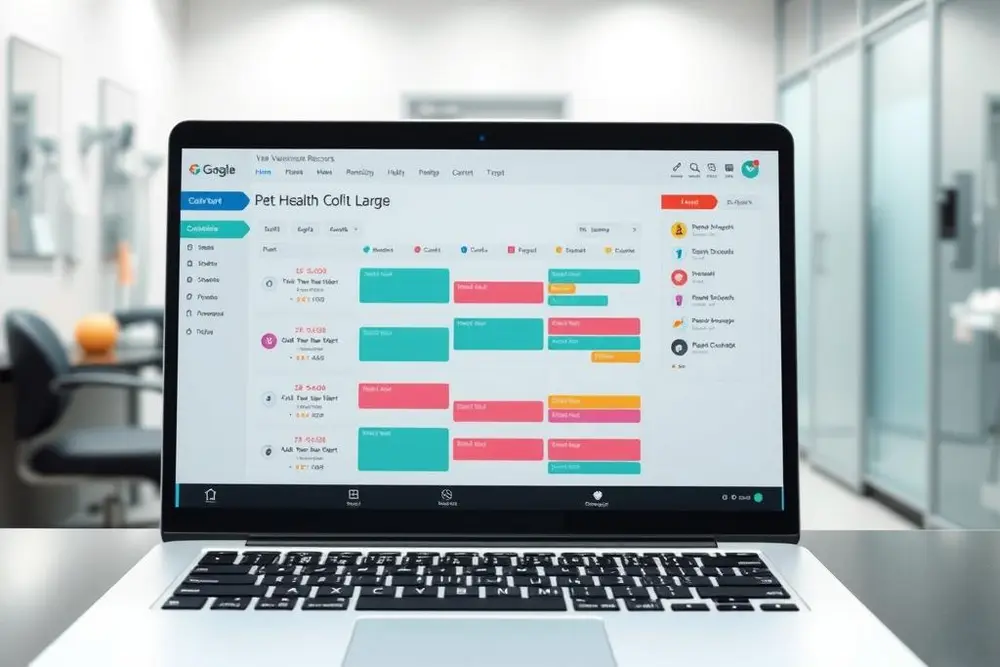 Software de gestão para clínica veterinária exibindo agenda e prontuário do paciente no laptop
