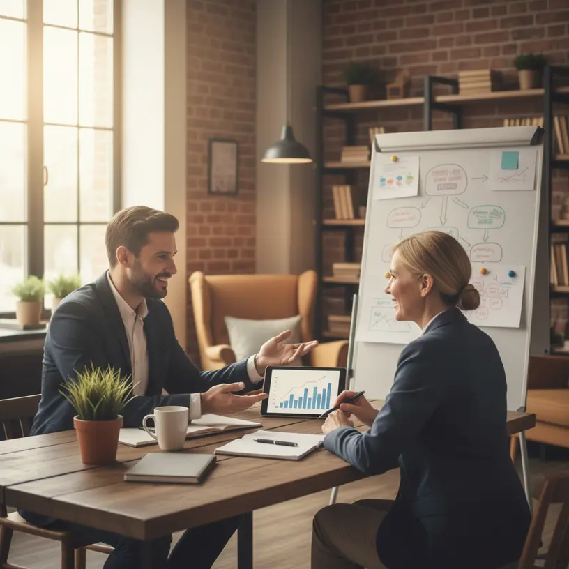 Equipe de agência de marketing reunida com cliente de pequena empresa para planejamento