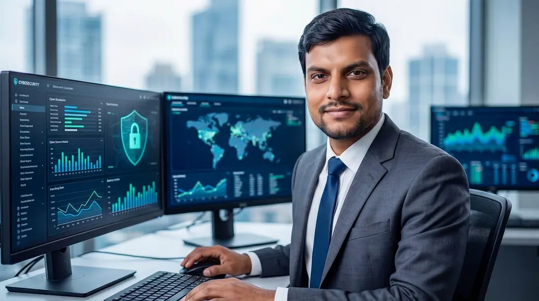 gráfico de segurança de dados em tela de computador e equipe discutindo IA aplicada ao negócio com proteção dos dados