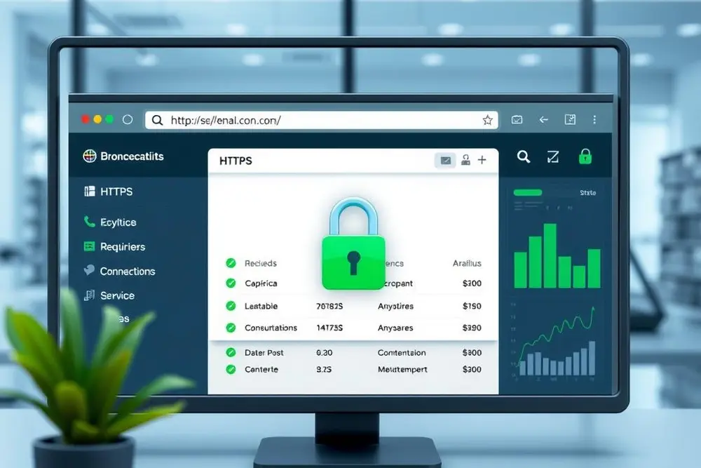 Demonstração da conexão HTTPS para segurança web em site empresarial