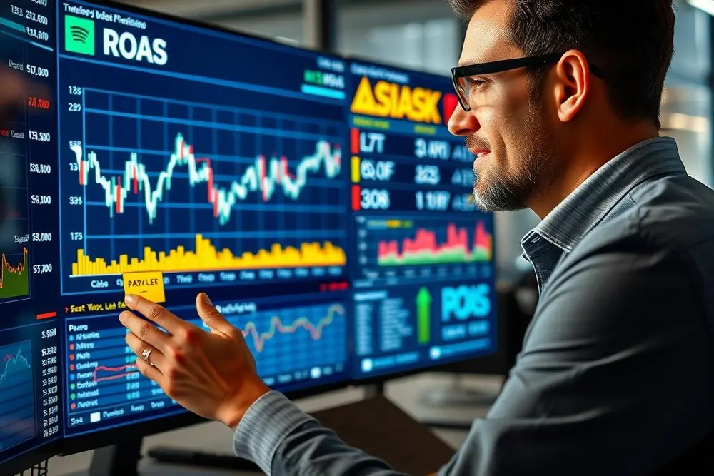 Profissional analisando gráficos de ROAS mostrando alertas e variações no desempenho