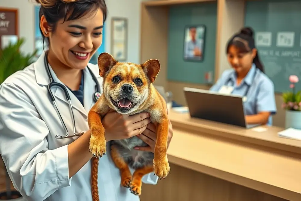 Veterinário atendendo animal exótico com recepcionista organizando a agenda da clínica veterinária
