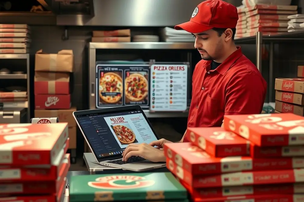 Gerente usando cardápio digital para organizar o delivery da pizzaria e controlar pedidos