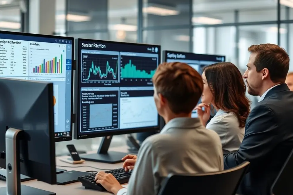 Equipe de negócios analisando dados para melhorar gestão da assinatura mensal