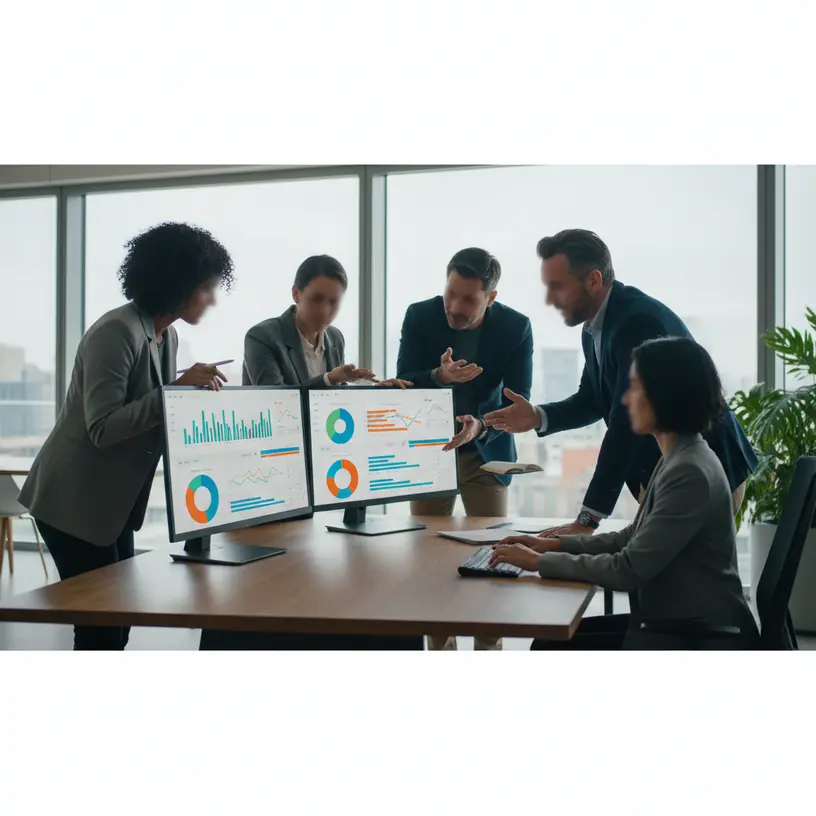 Equipe de agência de marketing para grandes empresas analisando dados de campanhas digitais