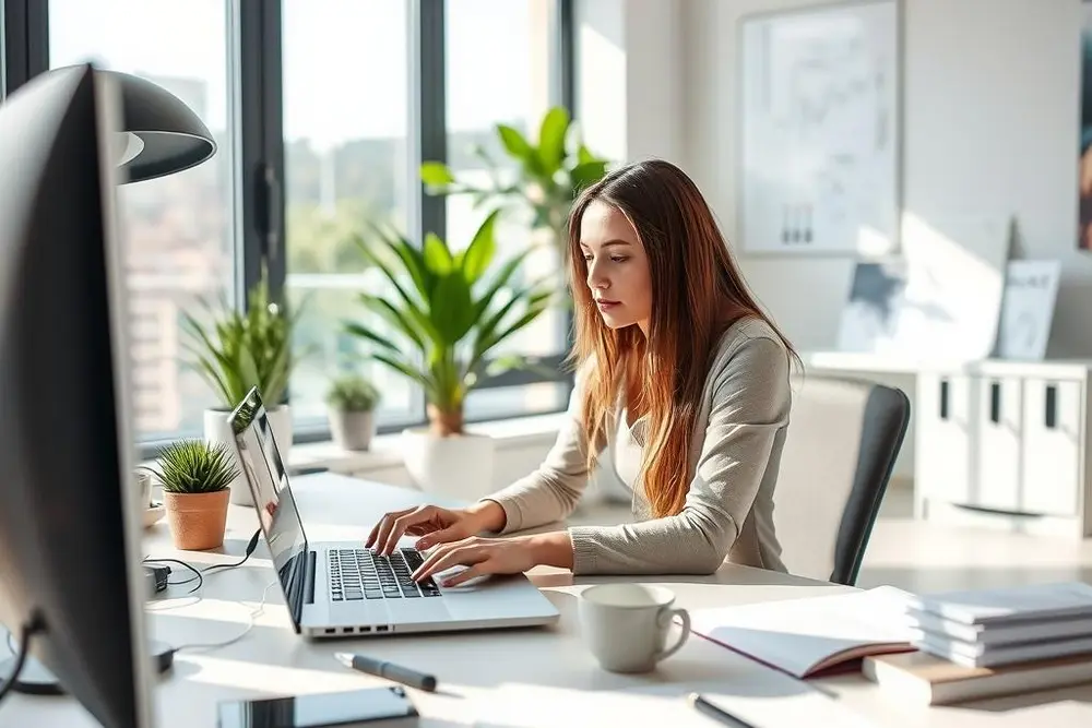 Profissional organizando portfólio digital para mostrar serviços e projetos