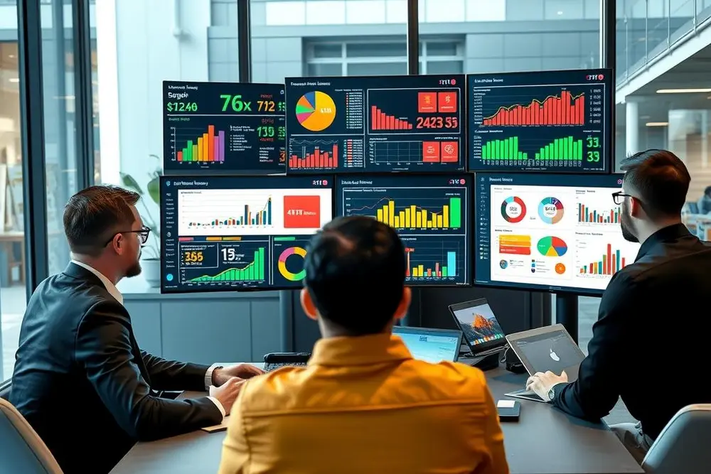 Profissionais analisando dashboards de vendas integradas para insights estratégicos