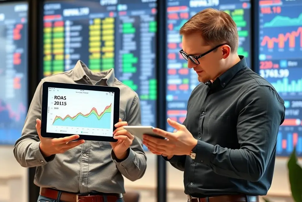 Duas pessoas analisando gráficos de ROAS para ecommerce em dispositivos móveis