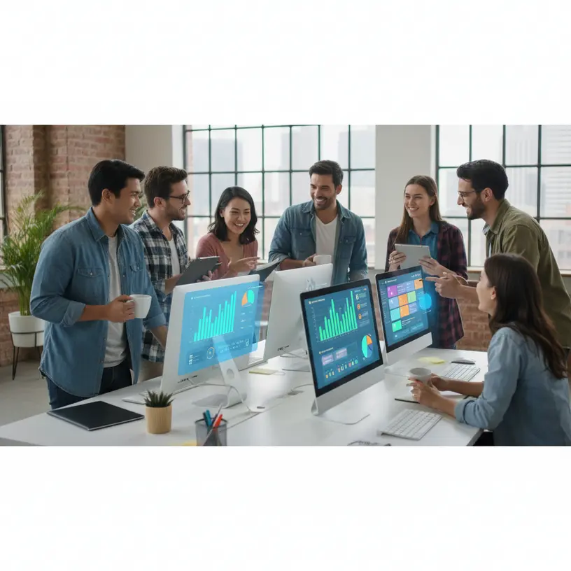 Equipe de agência full service trabalhando com múltiplas ferramentas digitais