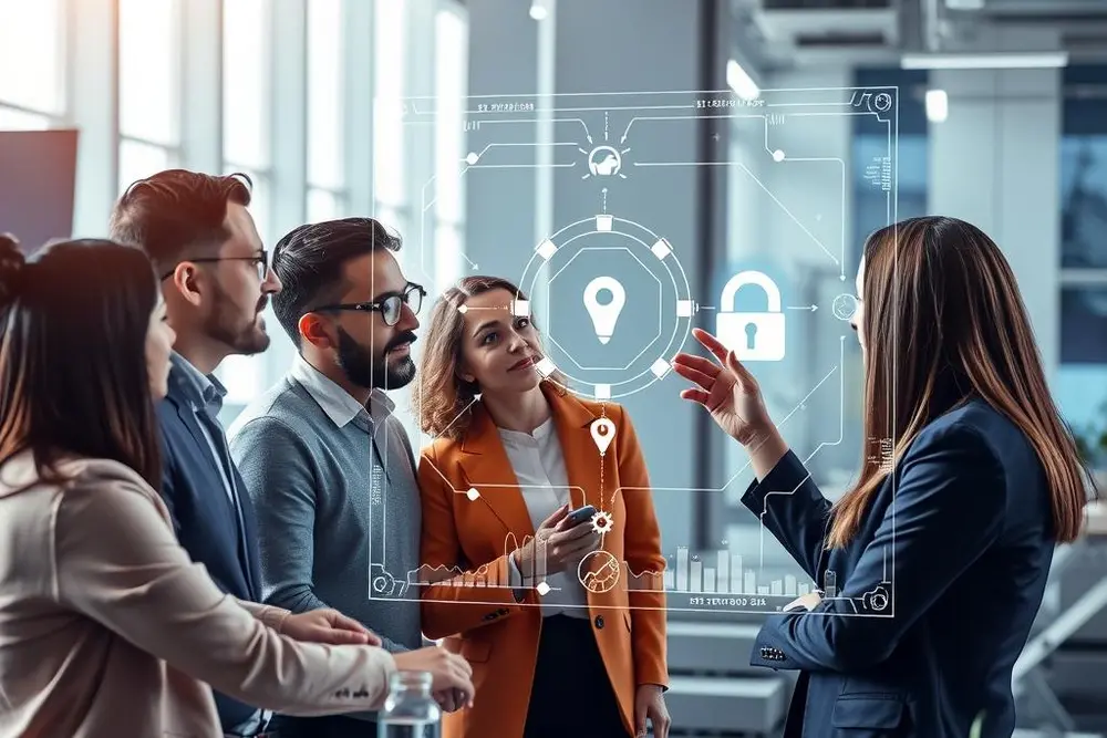 equipe de negócios analisando dados em interface holográfica com ícones de IA e privacidade
