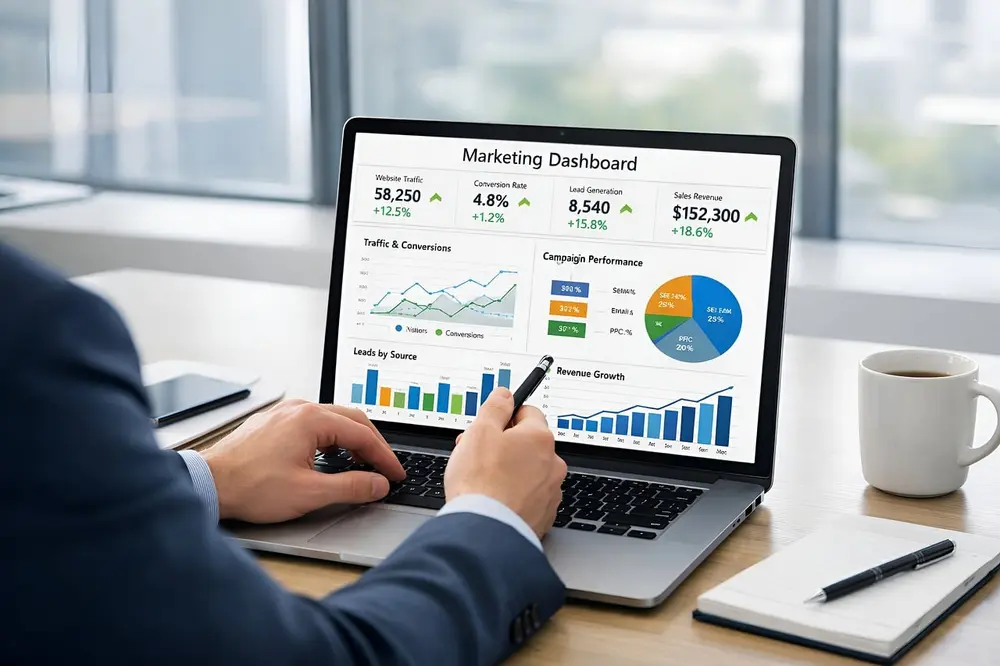 Dashboard tecnológico de agência de marketing mostrando integração de sistemas para grandes empresas