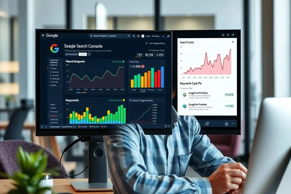 Profissional olhando relatórios do Google Search Console para SEO e tráfego